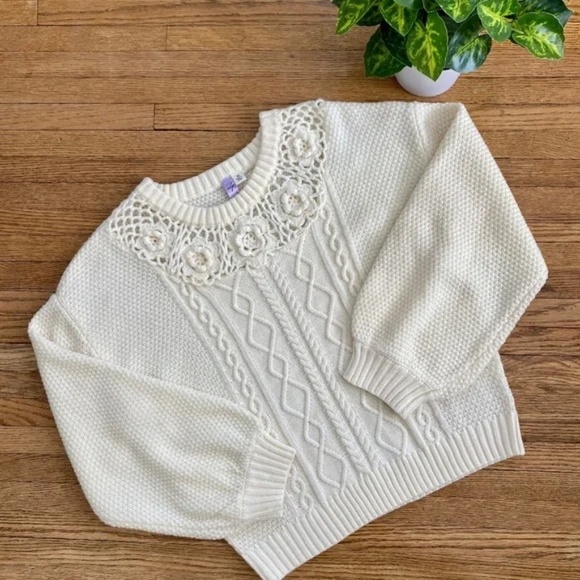 Alya Floral Crochet Cable Knit Cream Sweater Crew Neck Size M - Picture 1 of 6